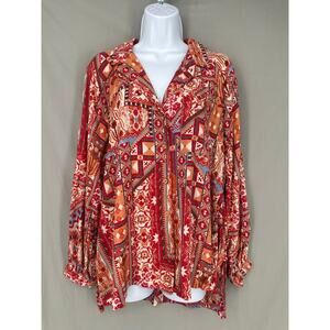 Rachel Zoe Top Womens XS Red Aztec Western Oversized Button Flowy Boho Bohemian